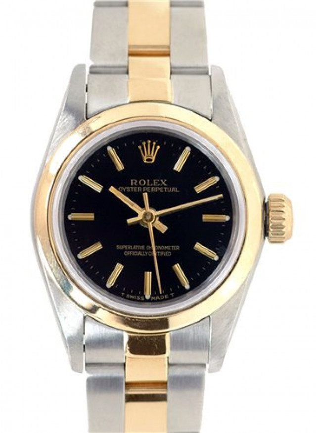 Rolex 67183 Yellow Gold & Steel on Oyster, Smooth Bezel Black with Gold Index